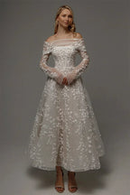 Kyoto Customized Lace Flowers Detachable Long Sleeves Wedding Dress Ankle-Length Glitter vestidos de novia A-Line Formal Gown