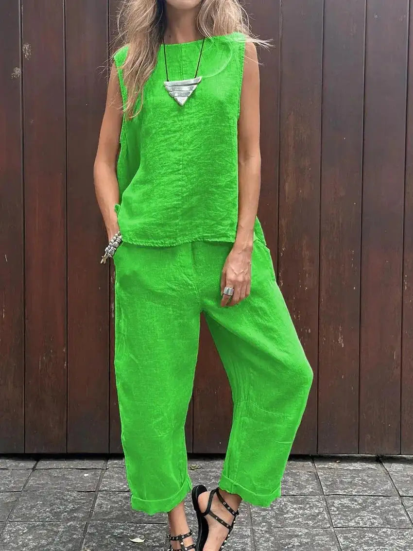 Summer Cotton And Linen Casual Outfits Female Fashion Solid Color Two-piece Set For Women Sleeveless Top Trousers Women's Suit Lootquake LLC