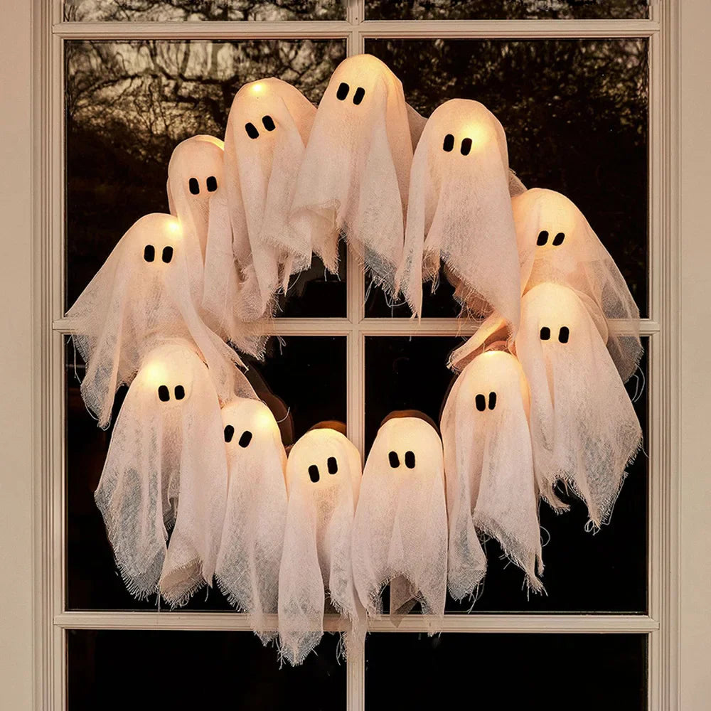 Halloween Light-up Ghost Wreath Decoration for ndoor Outdoor Wall Decor Spooky Front Door Led Hanging Decor Props Lootquake LLC