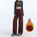FINEWORDS Retro Angela Red Winter Jeans Women Thicken Cashmere High Waist Baggy Jeans Streetwear Casual Wide Leg Denim Pants