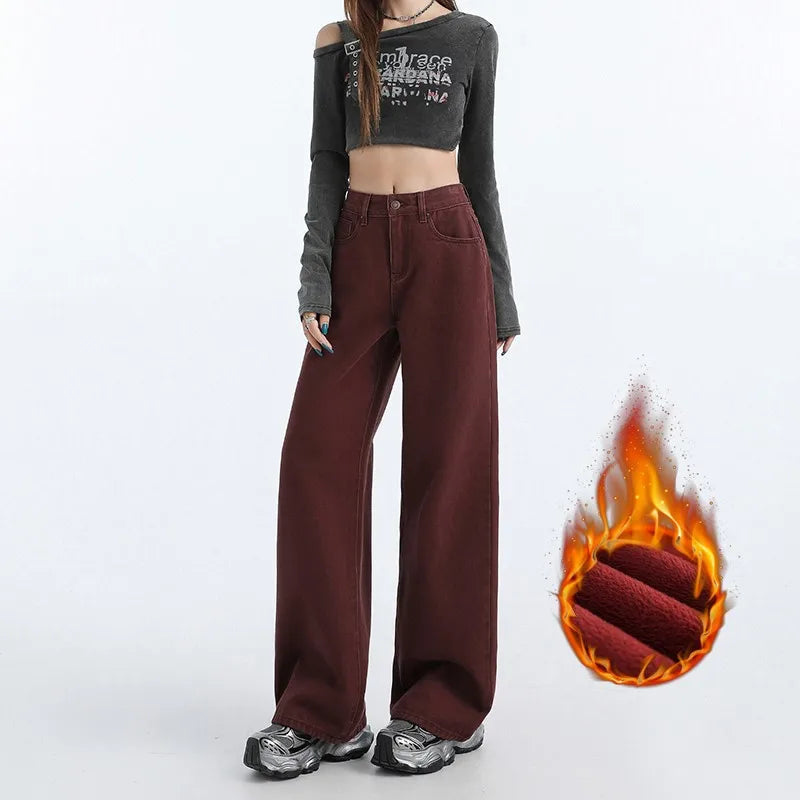 FINEWORDS Retro Angela Red Winter Jeans Women Thicken Cashmere High Waist Baggy Jeans Streetwear Casual Wide Leg Denim Pants Lootquake LLC