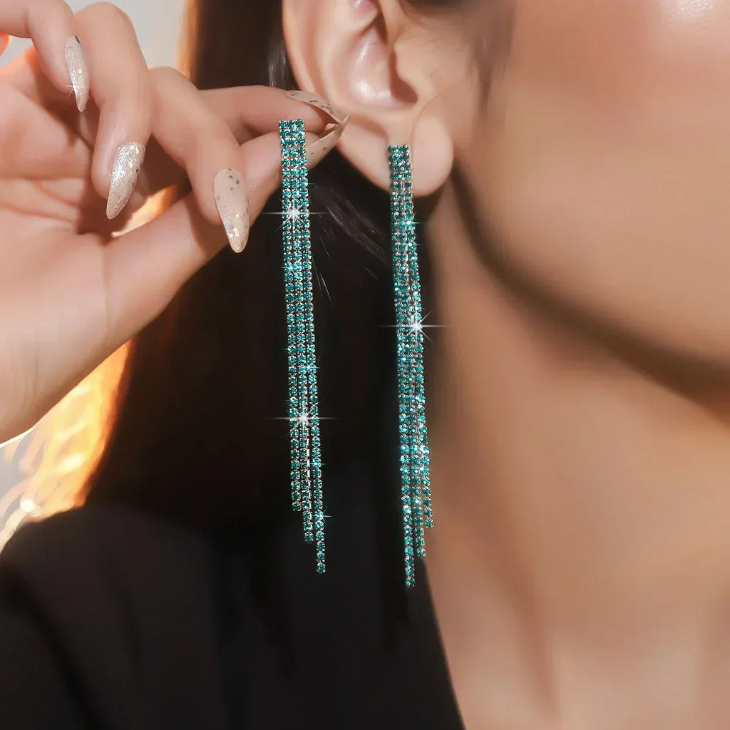 TREAZY Shiny 4 Lines  Rhinestone Crystal Tassel Long Earrings for Women Wedding Party Hanging Dangle Earrings Bridal Brincos