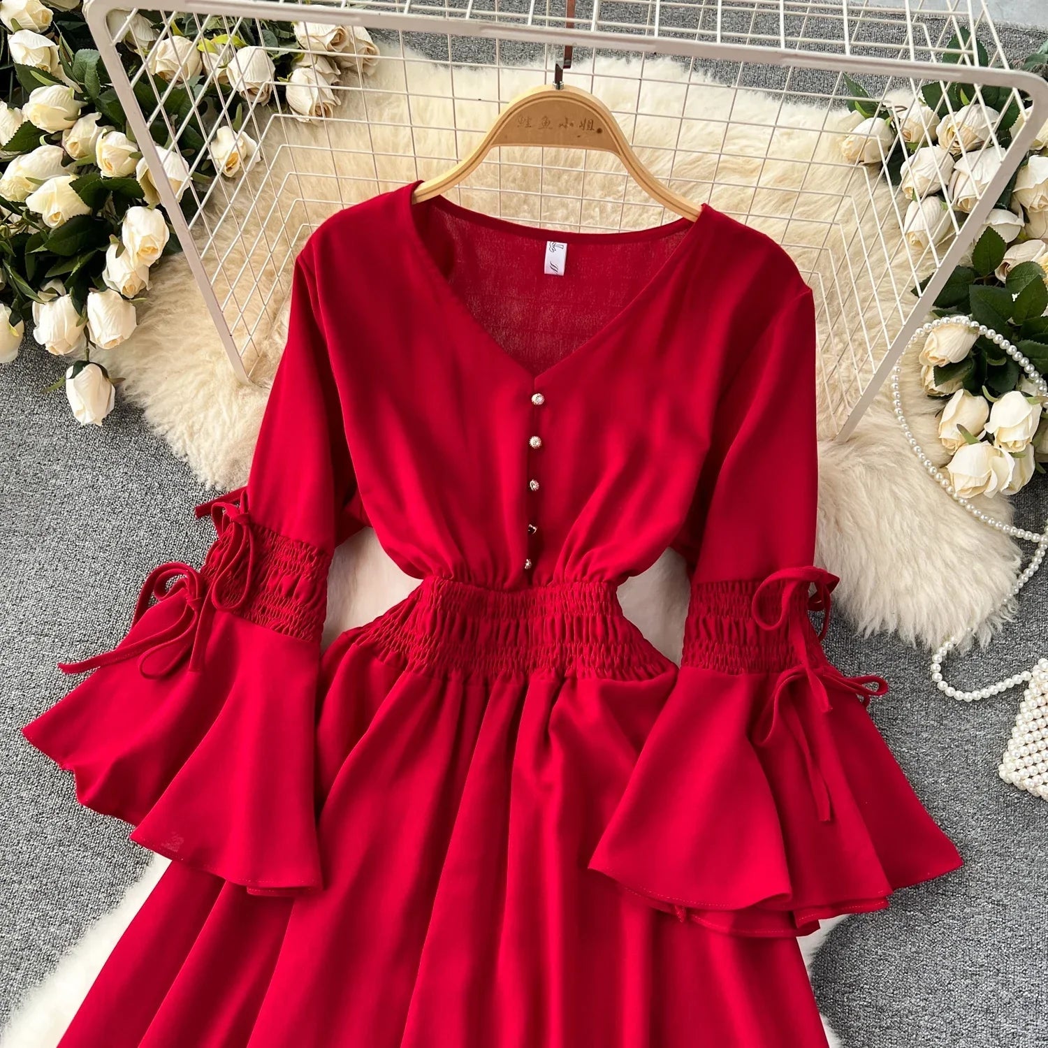 Purple/Green/Red Pleated Maxi Long Dress Women Vintage V-Neck Flare Sleeve Draped Ruffle Vestido Female Maxi Robe Summer Lootquake LLC