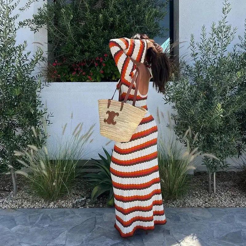 Striped Knitted Long Dress Women O-neck Backless Hollowed Out Long Sleeves Lady Bodycon Dress 2024 Spring Summer Vacation Robe