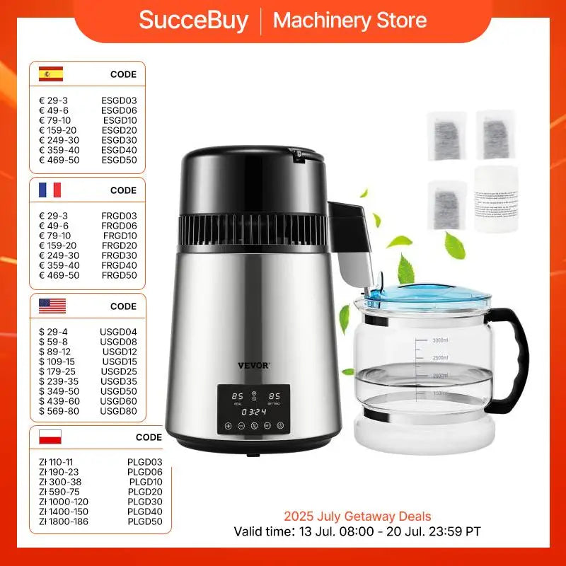 SucceBuy 4L Water Distiller Purifier Filter Dispenser Drinking Bottle Softener Temp Display Overheat Protection Home Appliance Lootquake LLC