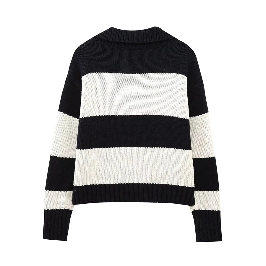 Women Fashion Black Striped Knit Sweater Spring Vintage Polo Neck Long Sleeve Female Pullovers Chic Tops - SJB-DIAMOND ELITES