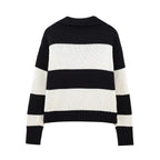Women Fashion Black Striped Knit Sweater Spring Vintage Polo Neck Long Sleeve Female Pullovers Chic Tops - SJB-DIAMOND ELITES