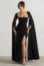 Mozision Long Cape Sleeve Split Maxi Dress For Women Gown Fashion Solid Square Collar Evening Sexy Long Dress Elegant New