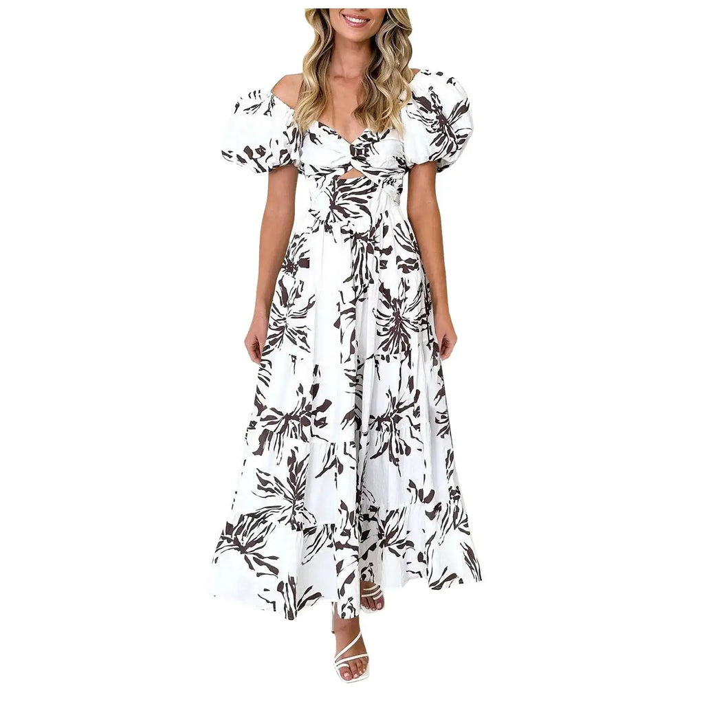 Summer V Neck Cutout Floral Print Dresses Elegant Women Puff Short Sleeve Casual Dress Pleated Waisted Swing Beach Long Dress
