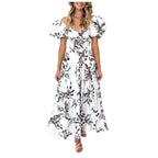 Summer V Neck Cutout Floral Print Dresses Elegant Women Puff Short Sleeve Casual Dress Pleated Waisted Swing Beach Long Dress