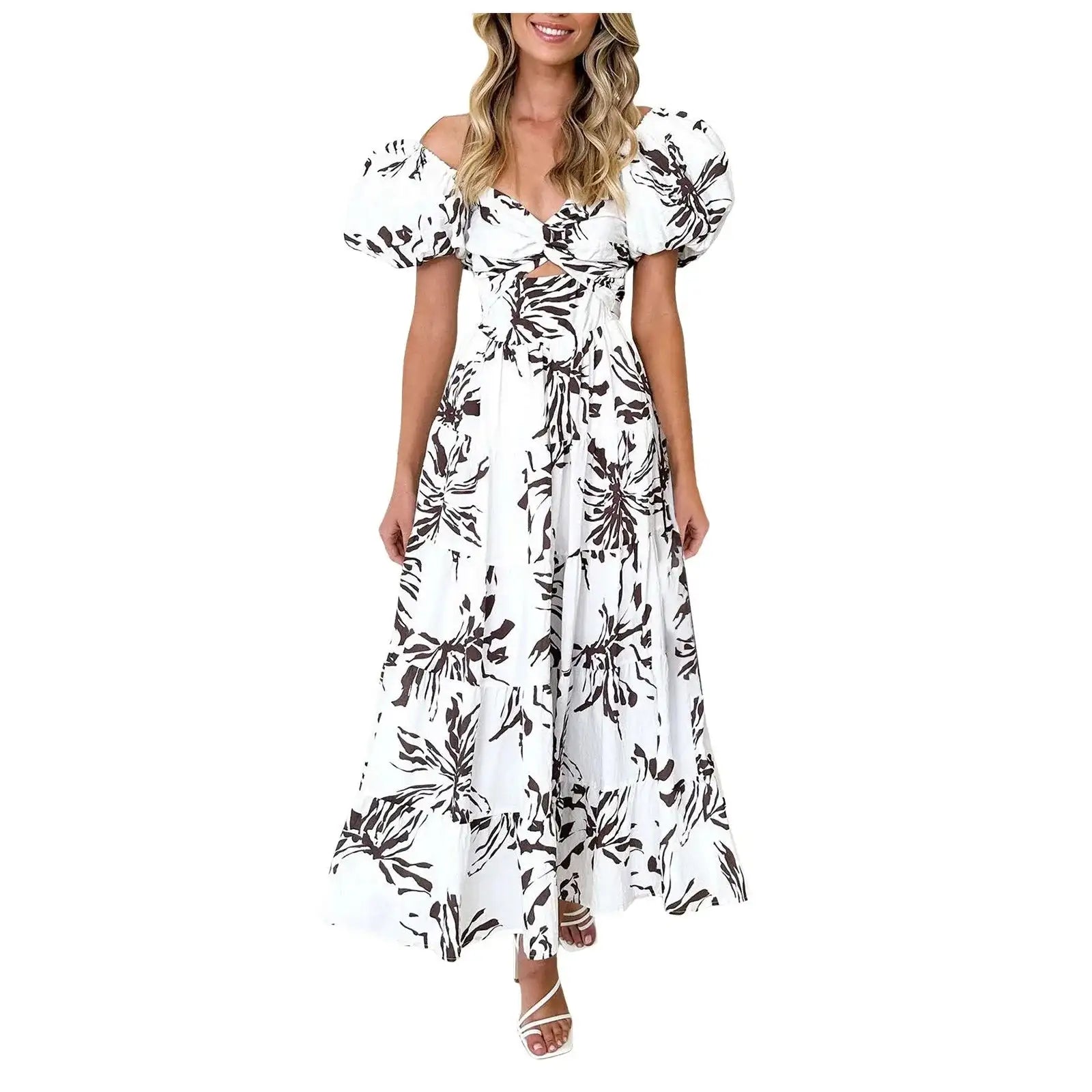 Summer V Neck Cutout Floral Print Dresses Elegant Women Puff Short Sleeve Casual Dress Pleated Waisted Swing Beach Long Dress