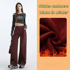 FINEWORDS Retro Angela Red Winter Jeans Women Thicken Cashmere High Waist Baggy Jeans Streetwear Casual Wide Leg Denim Pants Lootquake LLC