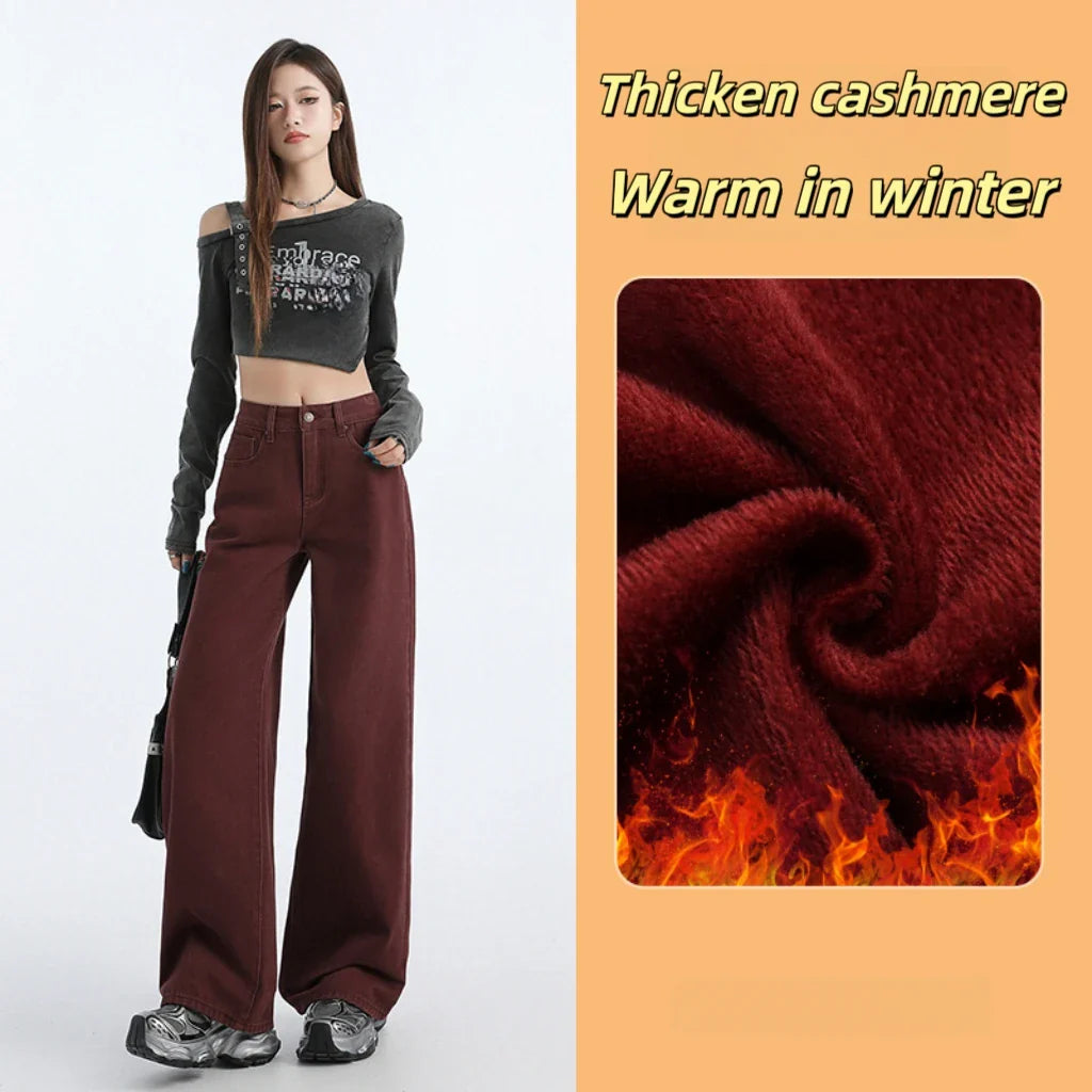 FINEWORDS Retro Angela Red Winter Jeans Women Thicken Cashmere High Waist Baggy Jeans Streetwear Casual Wide Leg Denim Pants Lootquake LLC