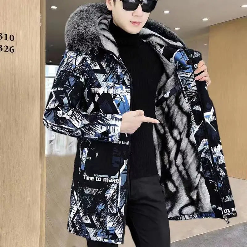 Cotton-Padded Coat Winter Jacket Men's Parkas ashionable Mid-Length Thickened Jacket Brand Letter Print Fur collar Pi-Mart