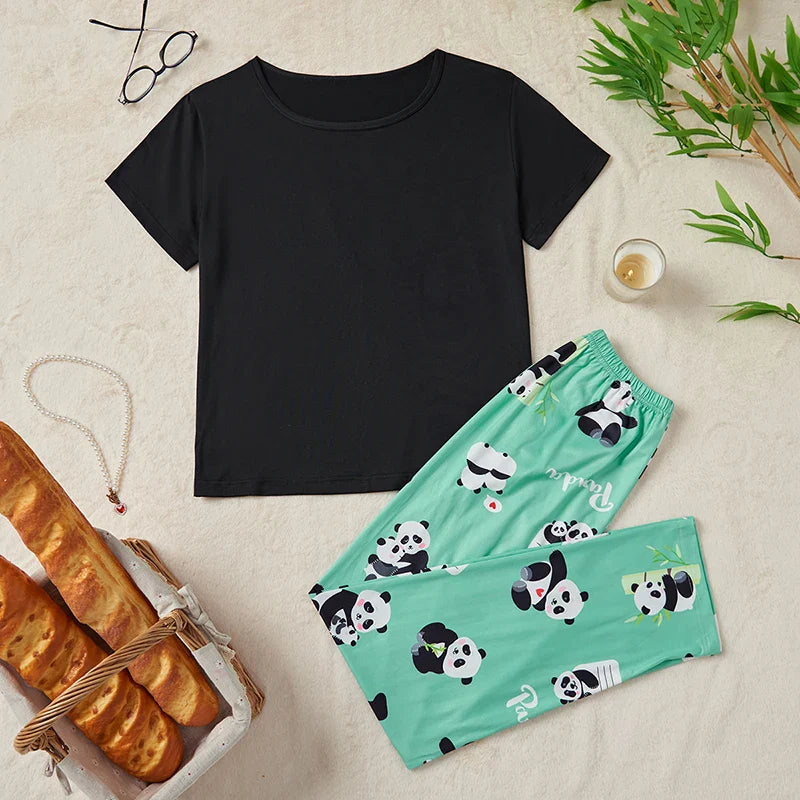Women's Sleepwear Cozy Heart Print Relaxed Fit Pajama Set Short Sleeve Tee Top & Pants Nightwear 2 Piece Pyjama for All Seasons Lootquake LLC