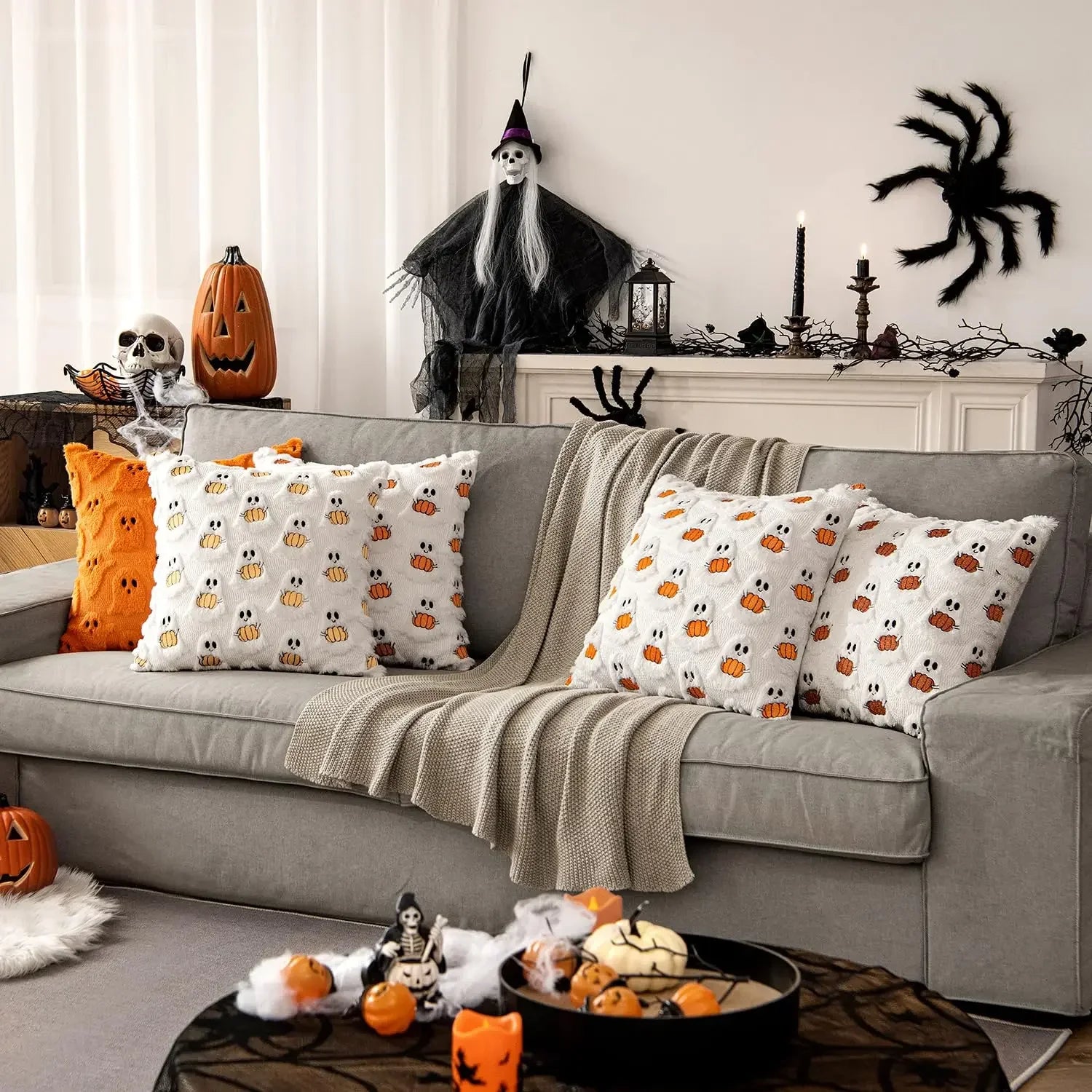 Halloween Decor for Bedroom Bed Living Room Sofa Cushion Cover White45X45CMCute Ghost Pumpkin Plush Faux Fur Pillow Covers Soft Lootquake LLC