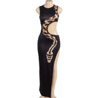 Tossy Python Printed Hollow Out Maxi Dress Female Slim Sexy Side Split Sleeveless Contrast Summer Party Dress Women's Long Dress