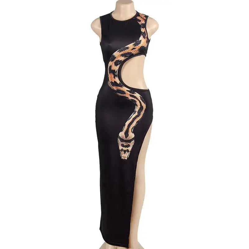 Tossy Python Printed Hollow Out Maxi Dress Female Slim Sexy Side Split Sleeveless Contrast Summer Party Dress Women's Long Dress