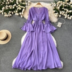 Purple/Green/Red Pleated Maxi Long Dress Women Vintage V-Neck Flare Sleeve Draped Ruffle Vestido Female Maxi Robe Summer Lootquake LLC