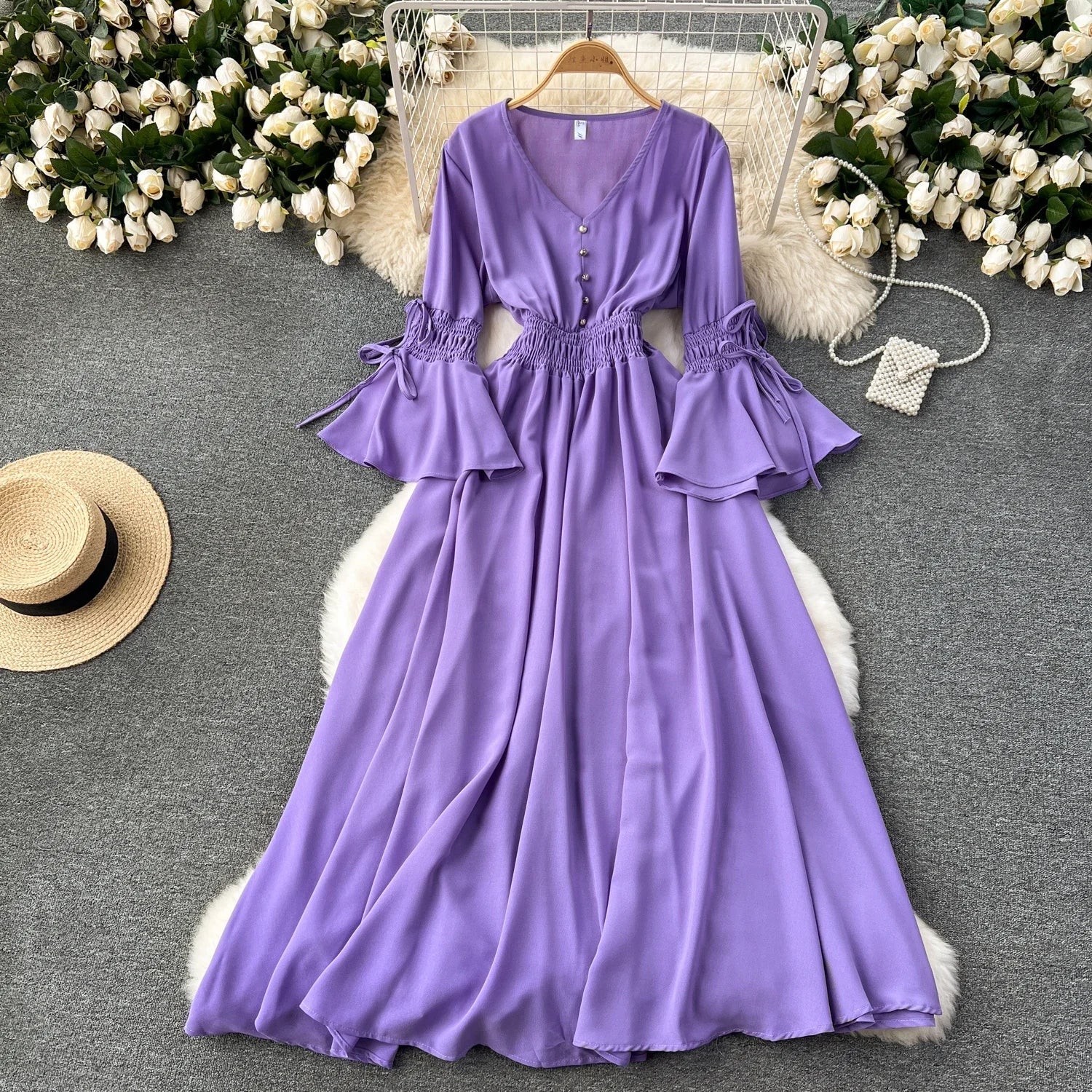 Purple/Green/Red Pleated Maxi Long Dress Women Vintage V-Neck Flare Sleeve Draped Ruffle Vestido Female Maxi Robe Summer Lootquake LLC