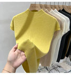 Half High Collar T-shirts Flying Sleeve Design Slim Knitted Sleeveless Top Women Simple Comfortable White T-shirts Summer 2025