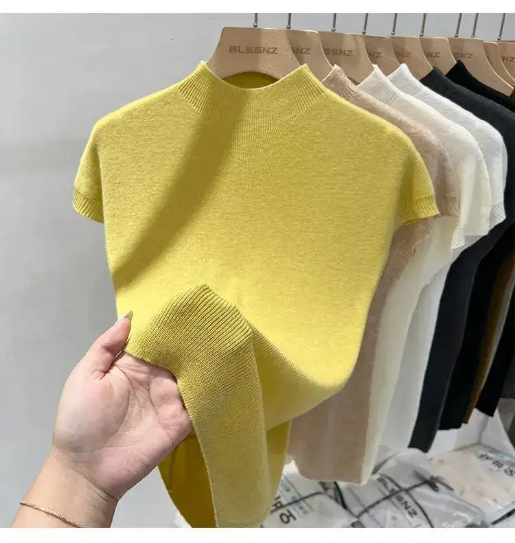 Half High Collar T-shirts Flying Sleeve Design Slim Knitted Sleeveless Top Women Simple Comfortable White T-shirts Summer 2025