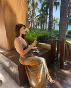 2025 Summer New Women's Open Back Sleeveless Dress Fashion Satin Mid Length Dress Printed Sexy V Neck Sling Dress