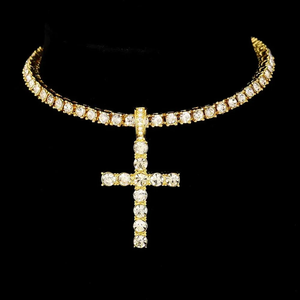 Hip Hop Cross Pendant Necklace Strap 4mm Zircon Tennis Chain Iced Out Sparkling Necklace Men Women Punk Jewelry Fashion Gift Lootquake LLC