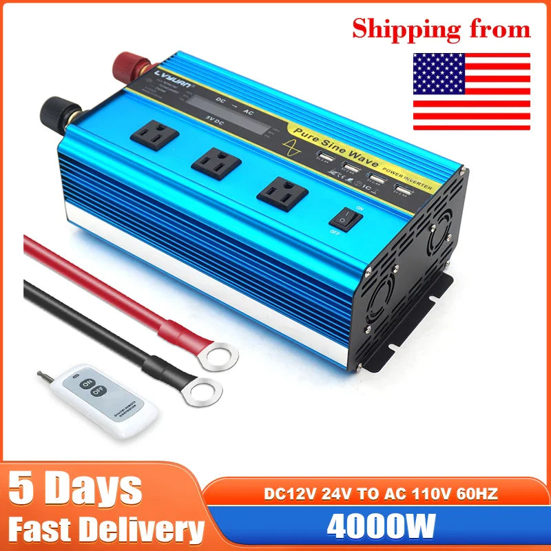 4000W Pure Sine Wave Inverter DC 12v/24v To AC 110v 60HZ Voltage Converter Car Solar Power Inverter Lootquake LLC