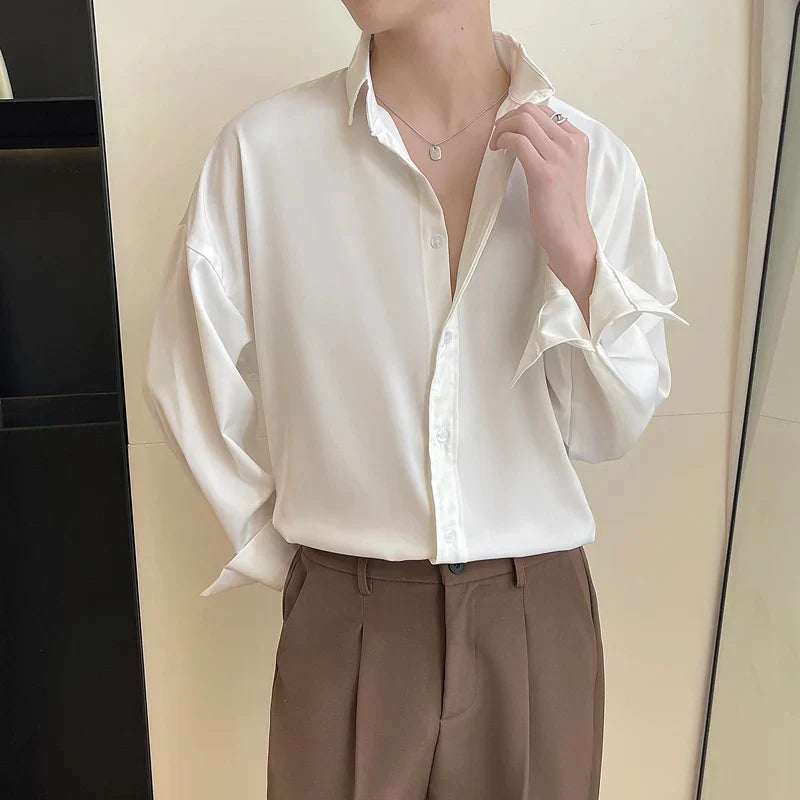 White Long Sleeved Shirt Men Oversized Fashion Social Mens Dress Shirt Korean Loose Ice Silk Shirt Mens Office Formal Shirts Lootquake LLC