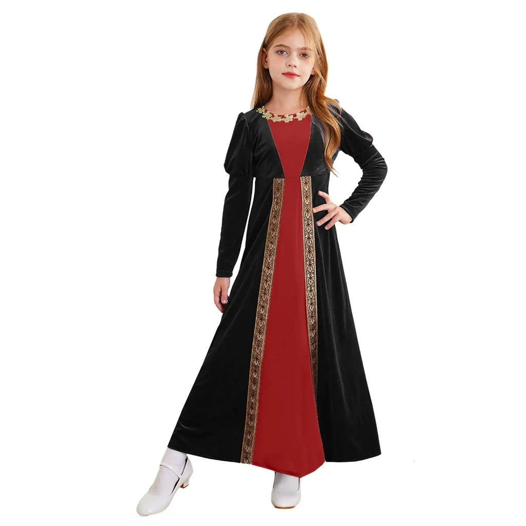 Girls Velvet Medieval Princess Dress Long Sleeve Renaissance Retro Robe Ancient Roman Long Dress for Halloween Carnival Party