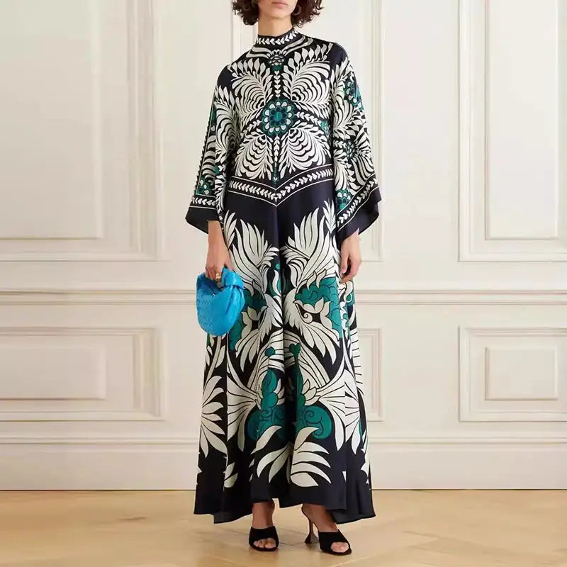 Ethnic Retro Spring Print Boho Long Dress Women Sexy Stand Collar Lace-up Party Dress Fall Long Sleeve Loose Ladies Maxi Dresses