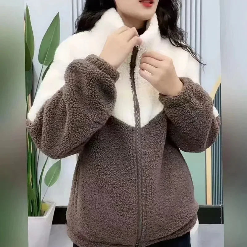 Women's Quilted Lamb Fleece Jacket | Warm Mid-Length Coat -femstylo