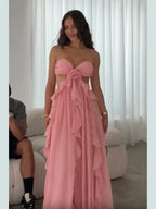 Chic Women Spring Hollow Out 3d Flower Ruffled Hem Long Dress Elegant Off Shoulder Backless Robe 2025 New Lady Street Party Gown