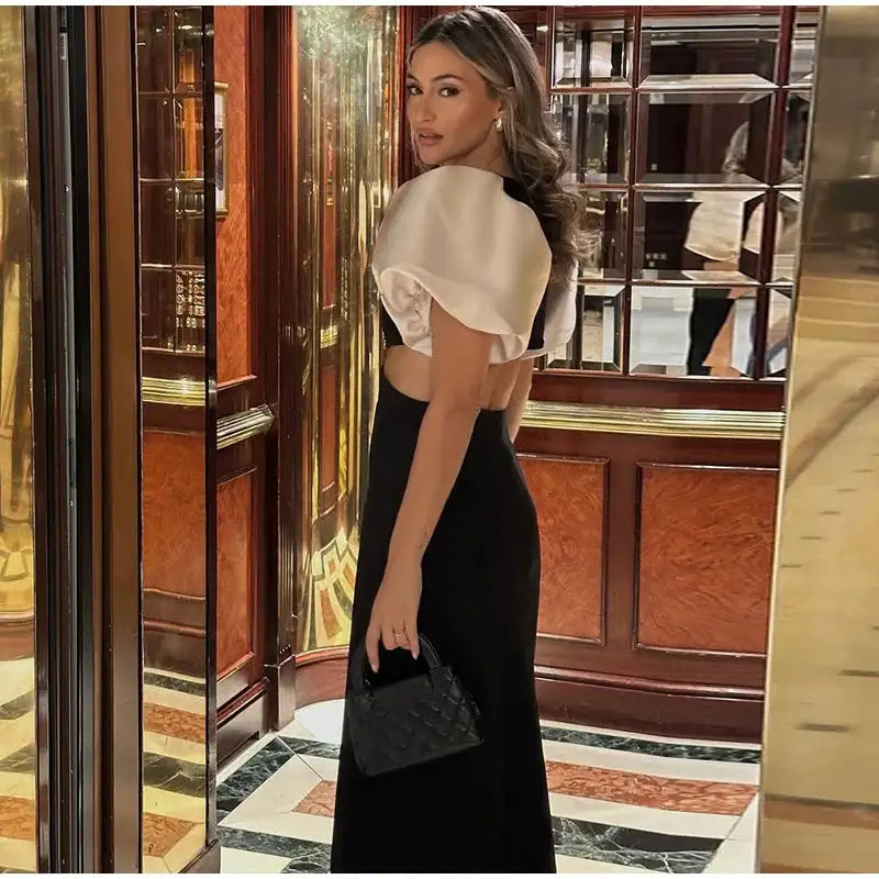 Elegant Puff Sleeve Long Dress For Women 2025 Sexy Hollow Out Waist Evening Party Dresses Female Vacation Lady Chic Beach Robe
