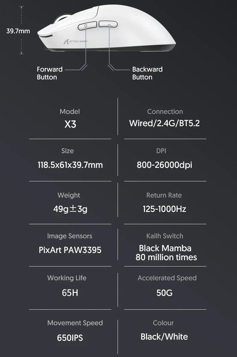 Attack Shark X3Pro Wireless  Gaming Mouse PixArt PAW3395 26000dpi Bluetooth Optical Mouse Tri-Mode Connection Macro Gaming Mouse Lootquake LLC