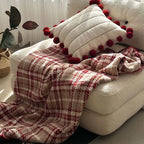Half Flannel Plaid Blanket with Wool Balls Four Season Universal Red Soft Sofa Blanket Warm Napping Shawl for Home Travel Lootquake LLC
