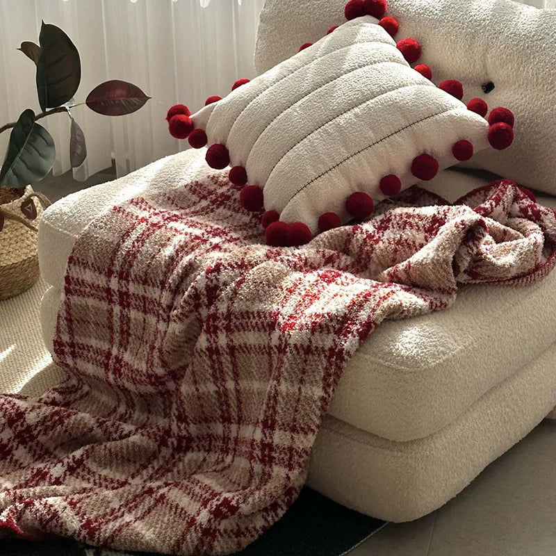 Half Flannel Plaid Blanket with Wool Balls Four Season Universal Red Soft Sofa Blanket Warm Napping Shawl for Home Travel Lootquake LLC