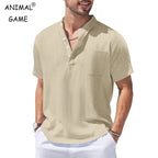 New Mens Henley Short Sleeve Casual Shirt Summer Cotton Shirts Beach Shirts Banded Collar Tshirts lightweight Shirts with Pocket Lootquake LLC