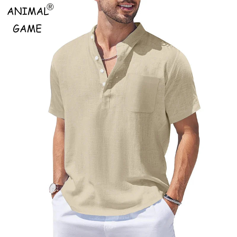 New Mens Henley Short Sleeve Casual Shirt Summer Cotton Shirts Beach Shirts Banded Collar Tshirts lightweight Shirts with Pocket Lootquake LLC
