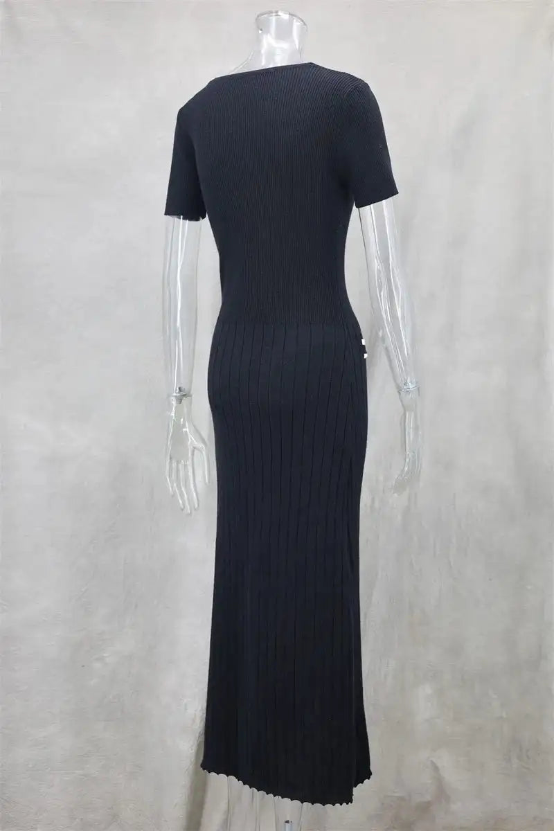 Office Lady Elegant Knitted Long Dress Summer Short Sleelve V Neck Single Breasted Bodycon Dresses Women Party Fashion Vestidos