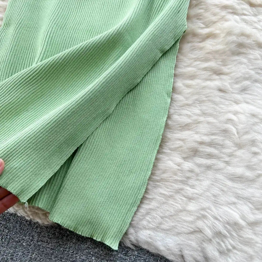 Green 2024 Sexy Summer Knit Short Sleeve Dress Women Squar Collar Waist Bodycon Sundress Female Beach  Backless Long Dress