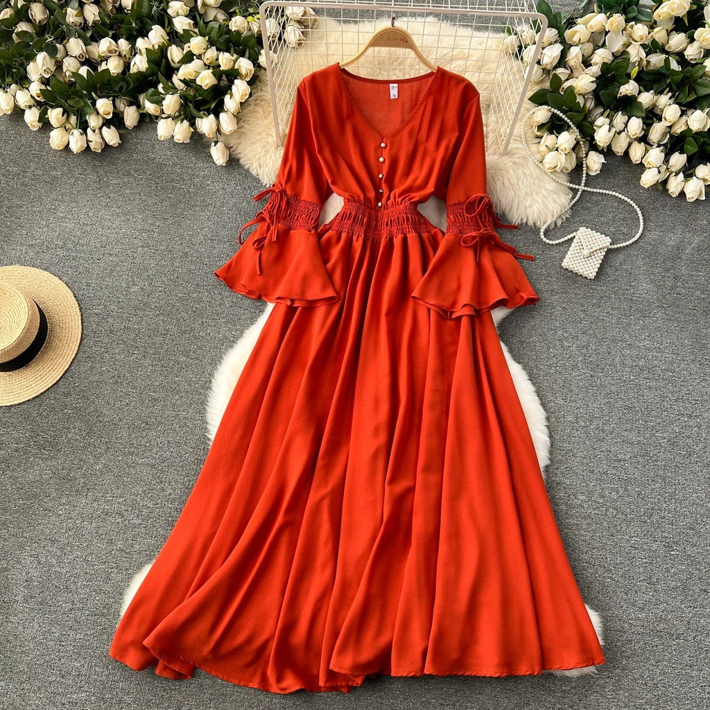 Purple/Green/Red Pleated Maxi Long Dress Women Vintage V-Neck Flare Sleeve Draped Ruffle Vestido Female Maxi Robe Summer Lootquake LLC