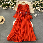 Purple/Green/Red Pleated Maxi Long Dress Women Vintage V-Neck Flare Sleeve Draped Ruffle Vestido Female Maxi Robe Summer Lootquake LLC