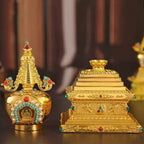 Buddha Statue Pagoda,Engraving Inlaid Gem Tibetan Alloy Double-Layer Tower,Altars Stupa,Buddhist Item Religious Decorative Lootquake LLC