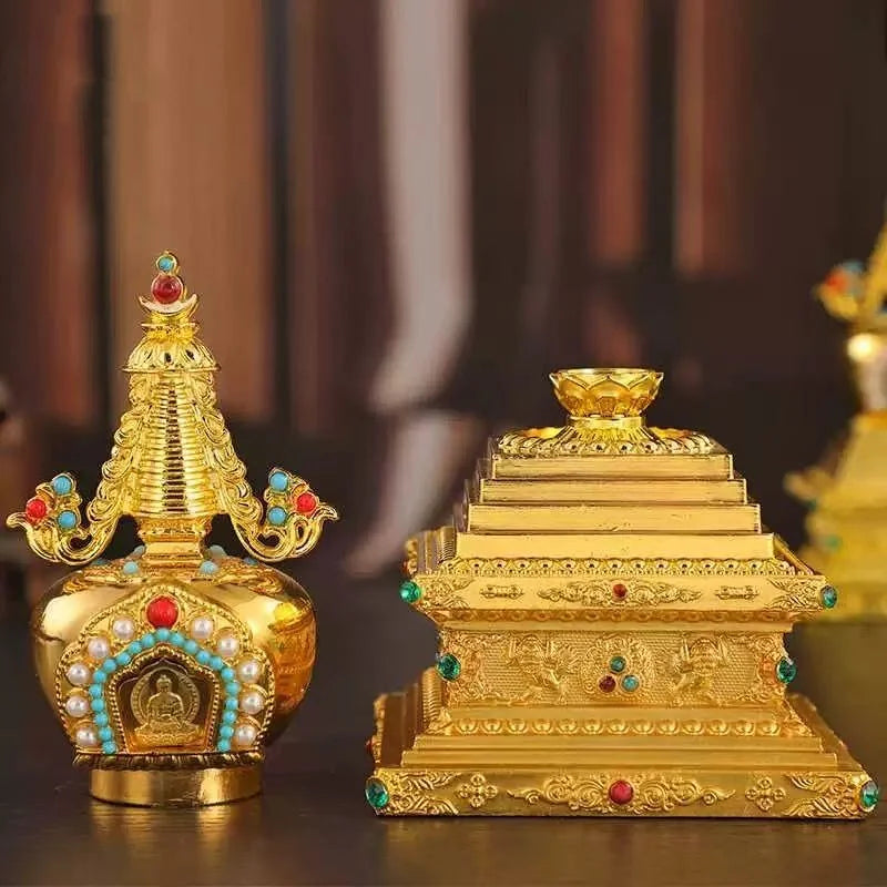 Buddha Statue Pagoda,Engraving Inlaid Gem Tibetan Alloy Double-Layer Tower,Altars Stupa,Buddhist Item Religious Decorative Lootquake LLC