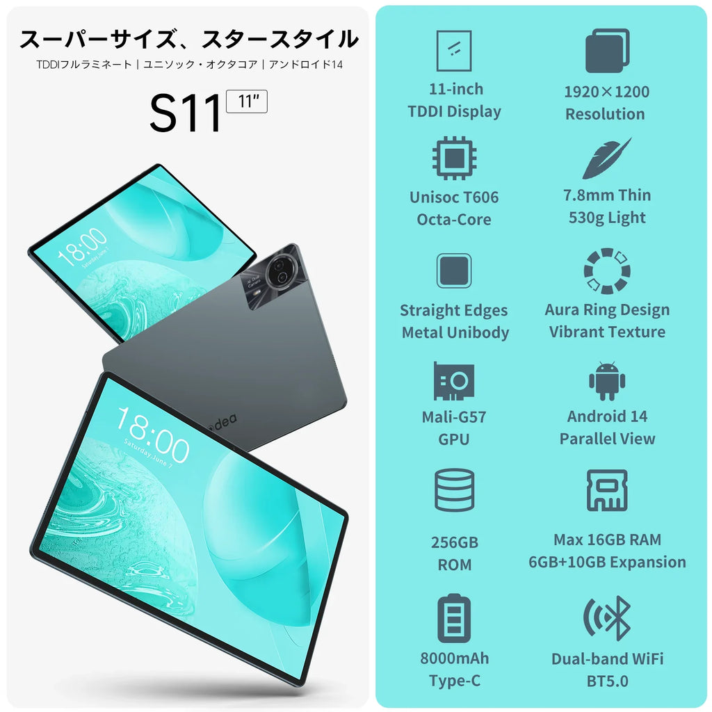 Odea S11, 11 Inch Tddi, 8000Mah, Android 14 Tablet, (6Gb+10Gb Expansion) 16Gb Ram, 256Gb Rom, 1920X1200 Ips, Unisoc T606, 8 Cores, Mali-G57, 4g Lte, Wifi, Gps, Sim Slots*2+Tf*1, Widevine L1 for Netflix Lootquake LLC