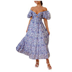 Summer V Neck Cutout Floral Print Dresses Elegant Women Puff Short Sleeve Casual Dress Pleated Waisted Swing Beach Long Dress
