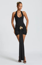 Mozision Metal Flower Draped Ruched Sexy Mini Dress Women Robe Fashion Halter Backless Sleeveless Bodycon Club Party Dress New