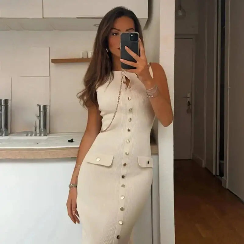 Fashion Knitted Long Dress For Women Elegant Sleeveless Button Maxi Sweater Bodycon Dresses Female Party Fashion Vestidos 2024 N
